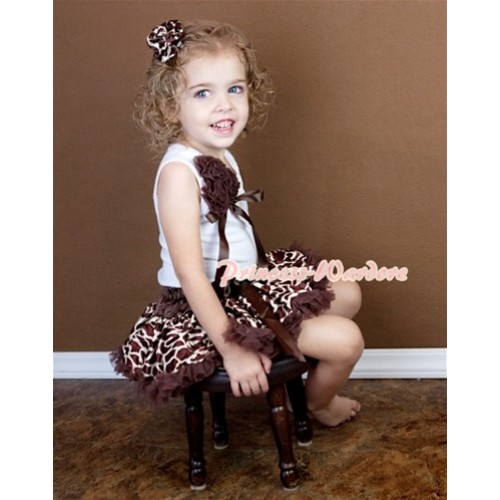 Brown Giraffe Pettiskirt with a Bunch of Brown Rosettes and Brown Bow White Tank Top MG404 